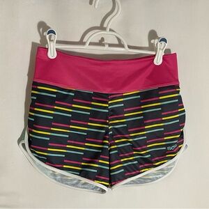 Soas Women's Pink and Black Patterned Running Shorts, Size Small